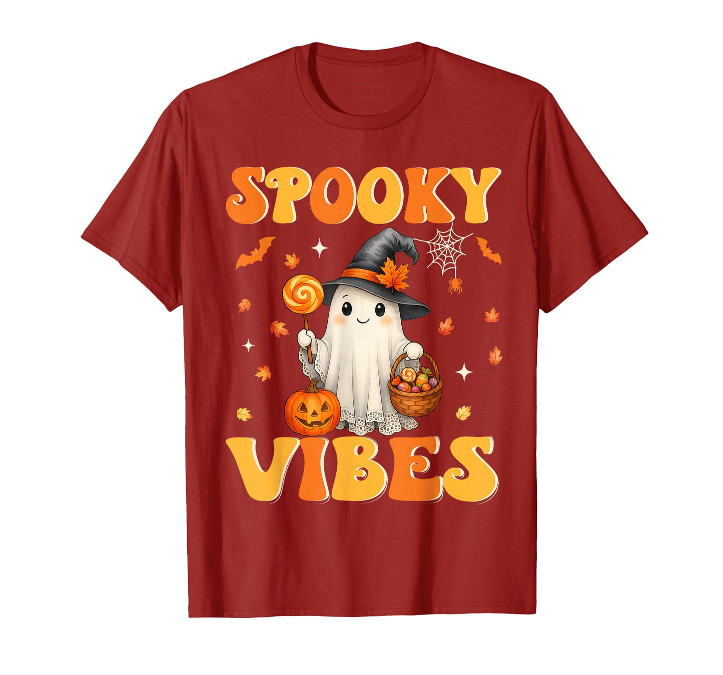Groovy Spooky Vibes Retro Ghost Holding Pumpkin Halloween T-Shirt