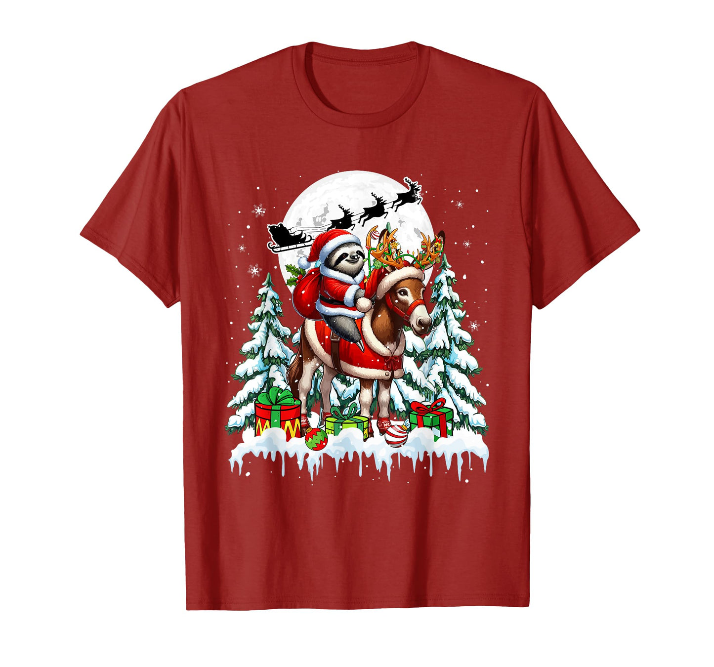 Santa Sloth Riding Reindeer Donkey Christmas Trees Farmer T-Shirt