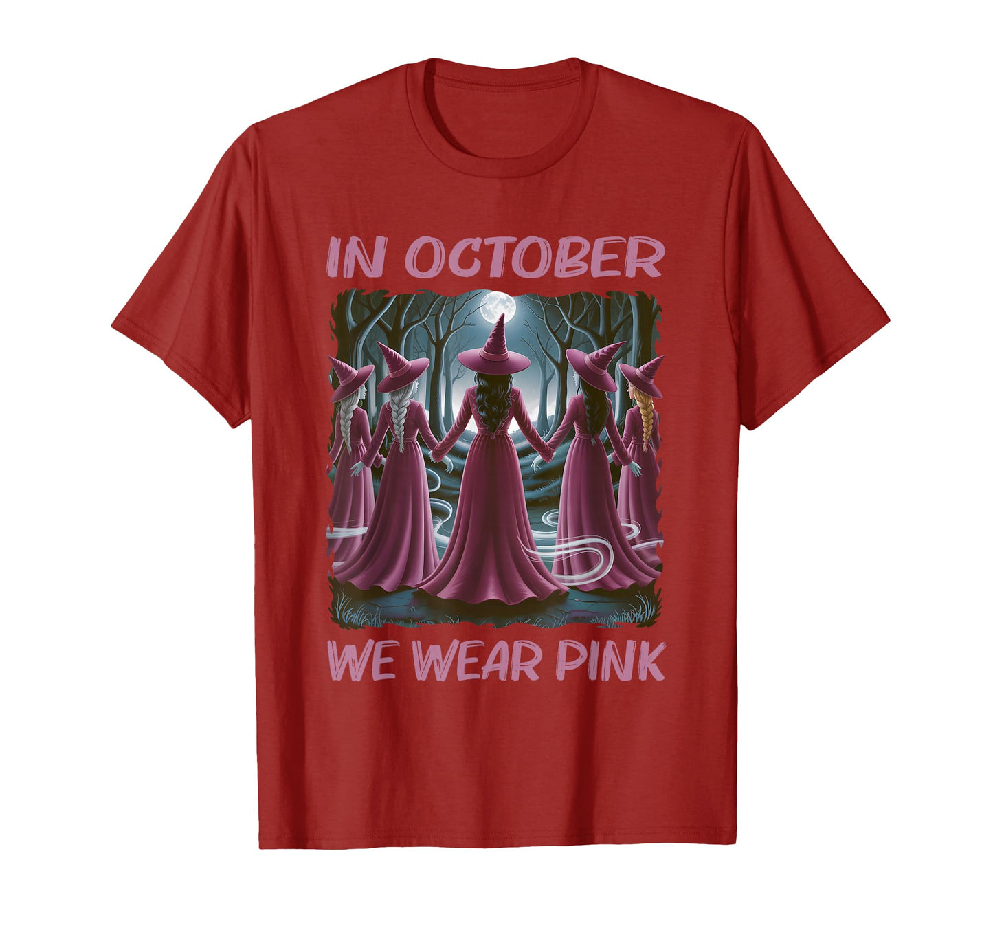 in October We Wear Pink Witch Halloween Breast Cancer Women T-Shirt