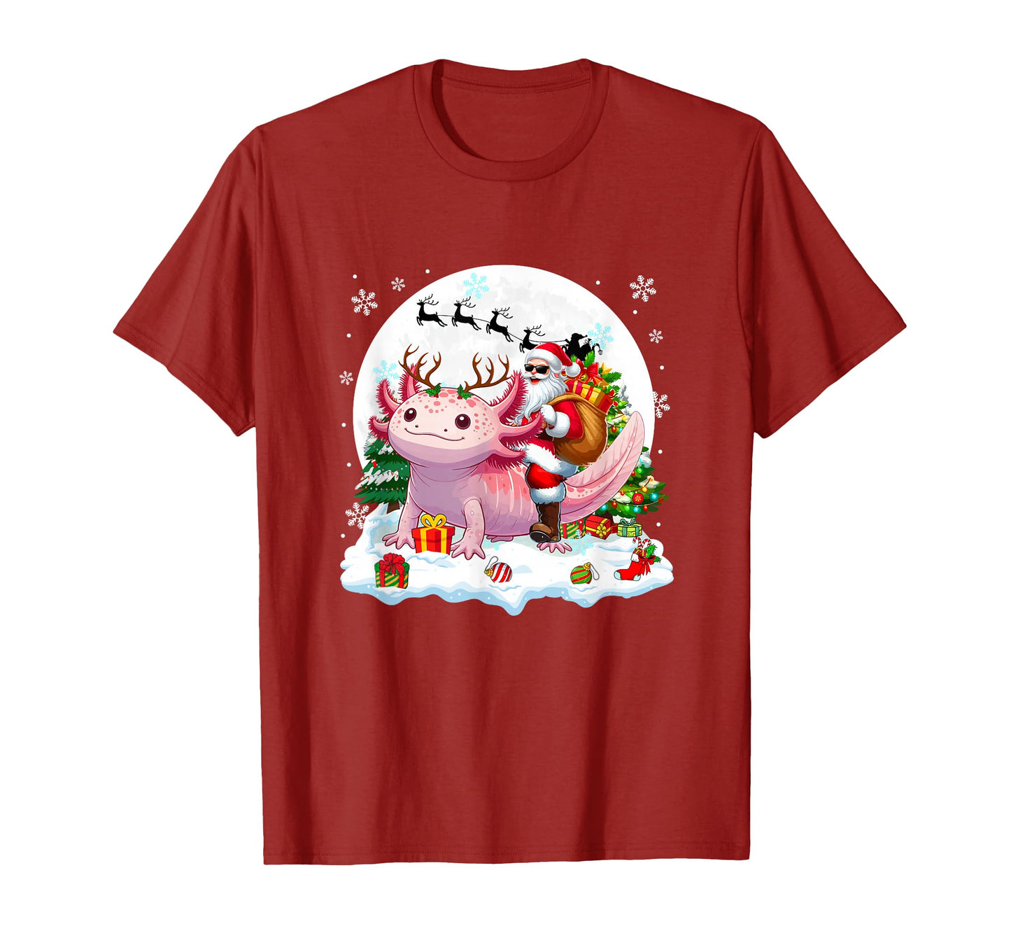 Santa Sunglasses Riding Axolotl Reindeer Christmas Snowman T-Shirt