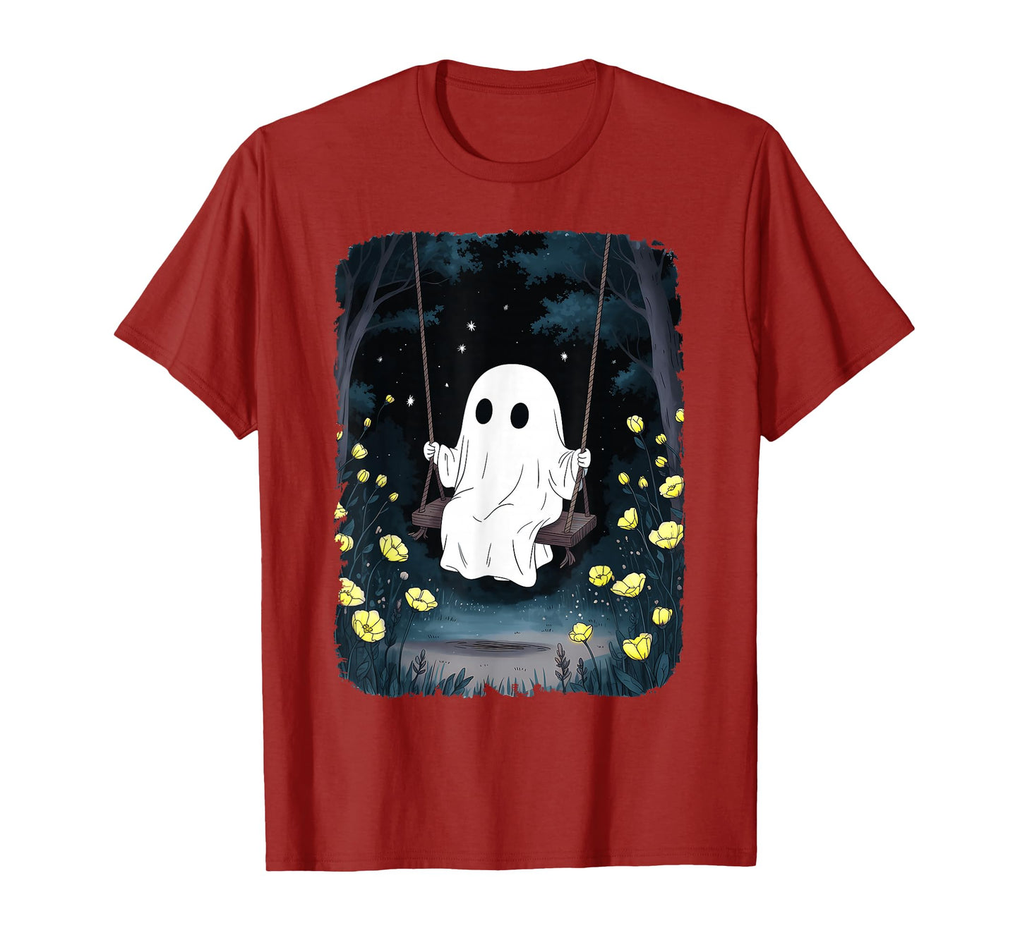 Vintage Ghost Swinging in Forest Night Halloween Floral T-Shirt