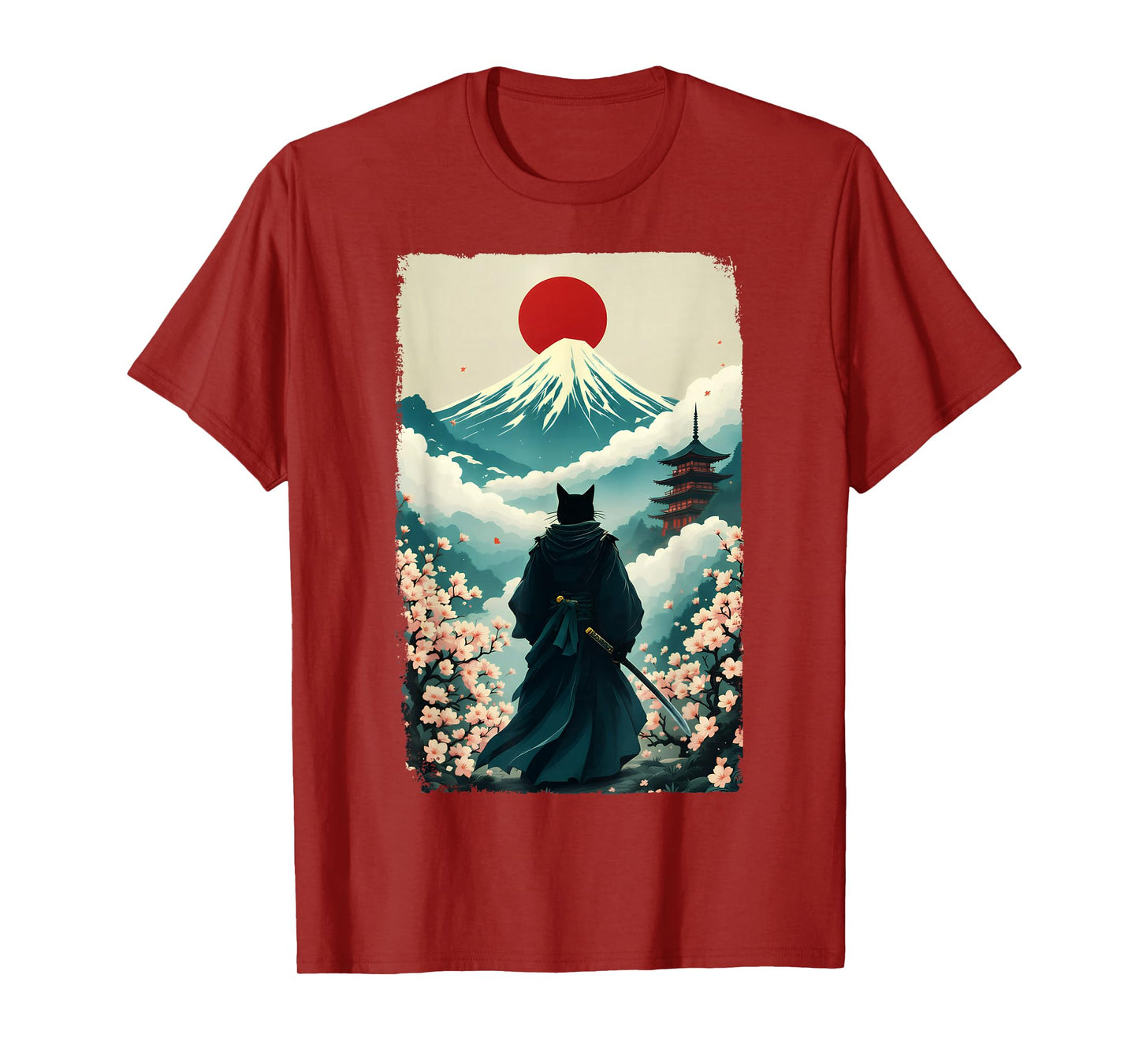 Samurai Cat Warrior Fuji Mount Vintage Japanese Art Graphic T-Shirt