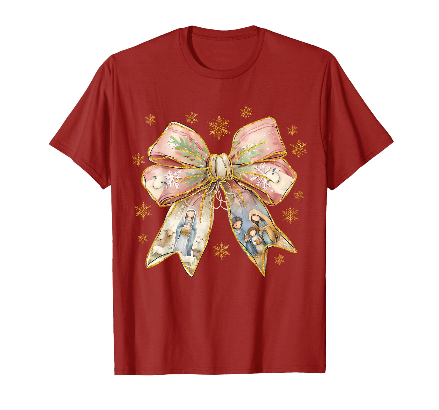 Jesus Christmas Coquette Bow Nativity Scene Christian Women T-Shirt