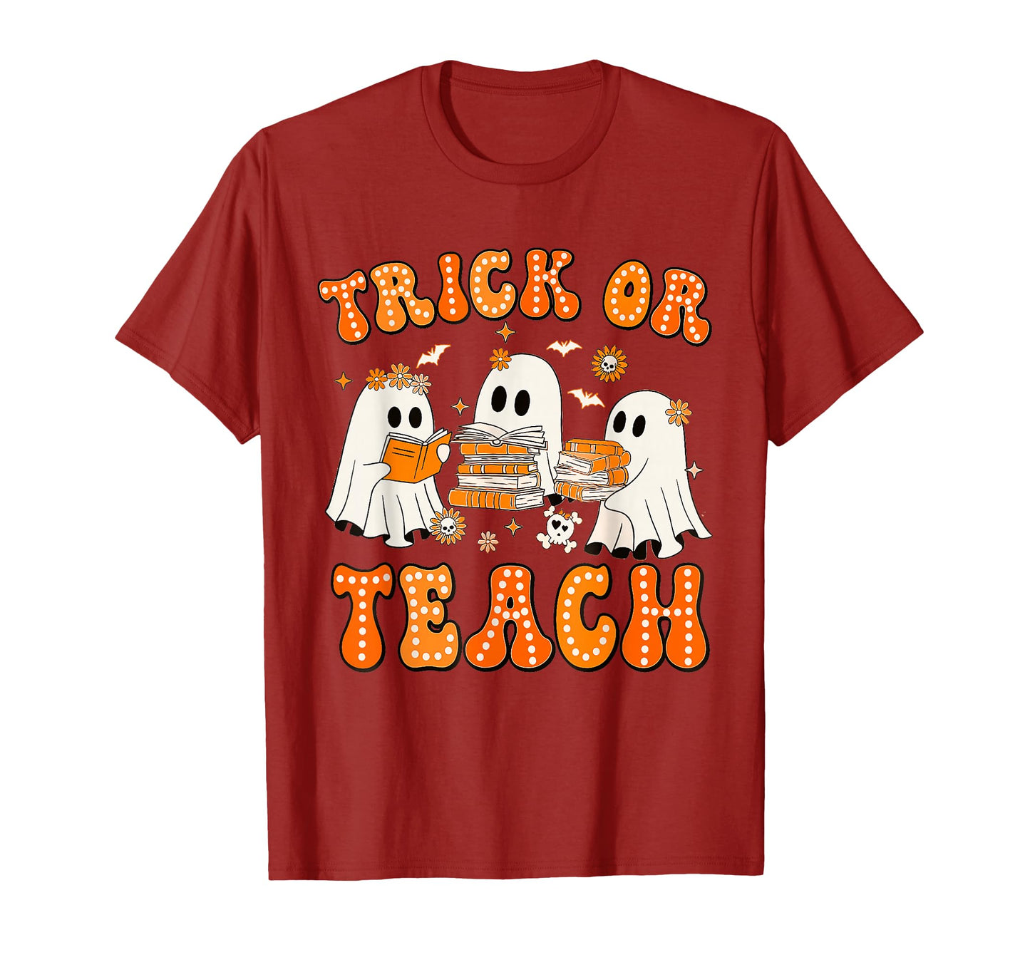 Teacher Halloween Trick or Teach Retro Groovy Floral Ghost T-Shirt
