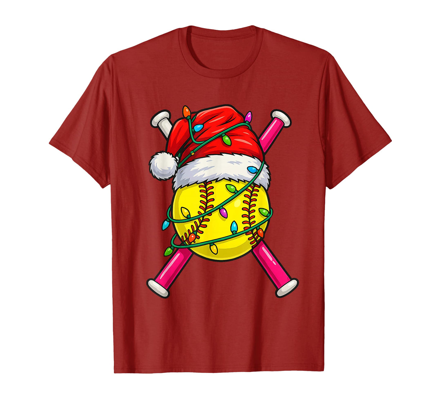 Christmas Softball Santa Hat Lights Colorful Funny Player T-Shirt