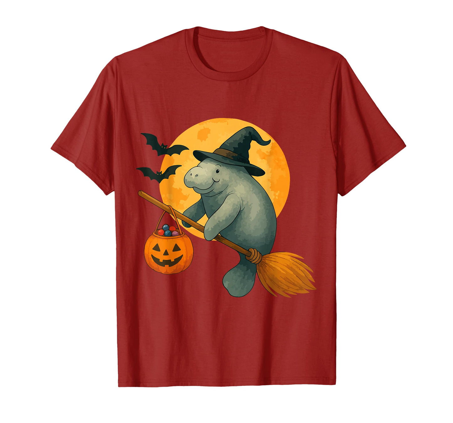 Spooky Halloween Manatee Witch Broom Pumpkin Moon Scary Fan T-Shirt