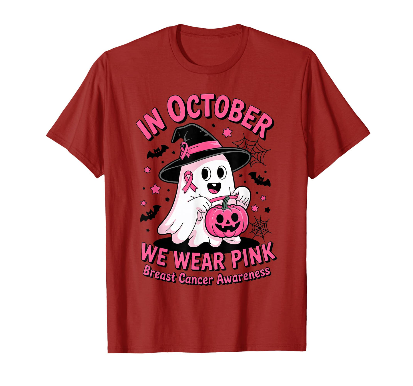 Halloween Ghost Witch Hat Breast Cancer Awareness Men Women T-Shirt