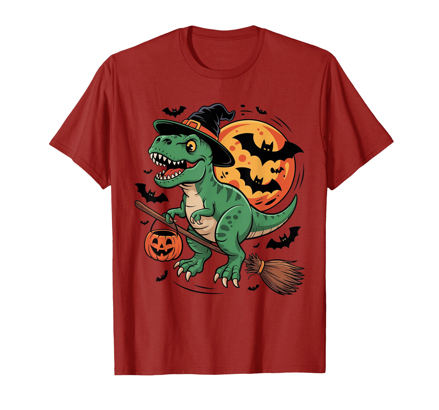 Dinosaur in Witch Hat on a Broom Halloween Spooky Costume T-Shirt