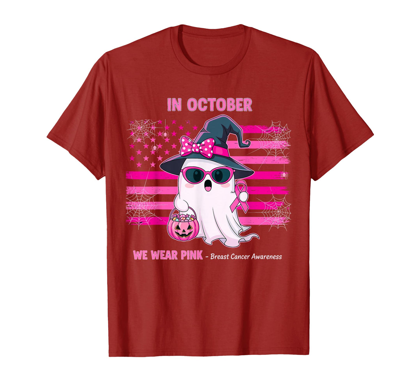 in October We Wear Pink Ghost Witch Breast Cancer Awareness T-Shirt