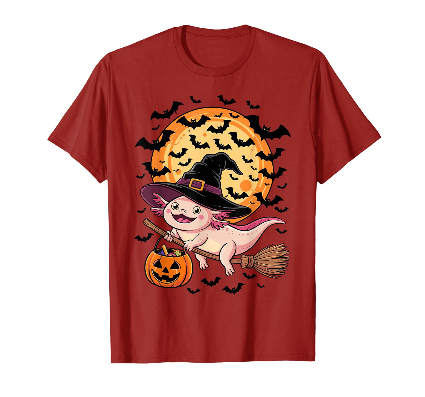 Halloween Axolotl Witch Hat and Broom Pumpkin Candy Bucket T-Shirt