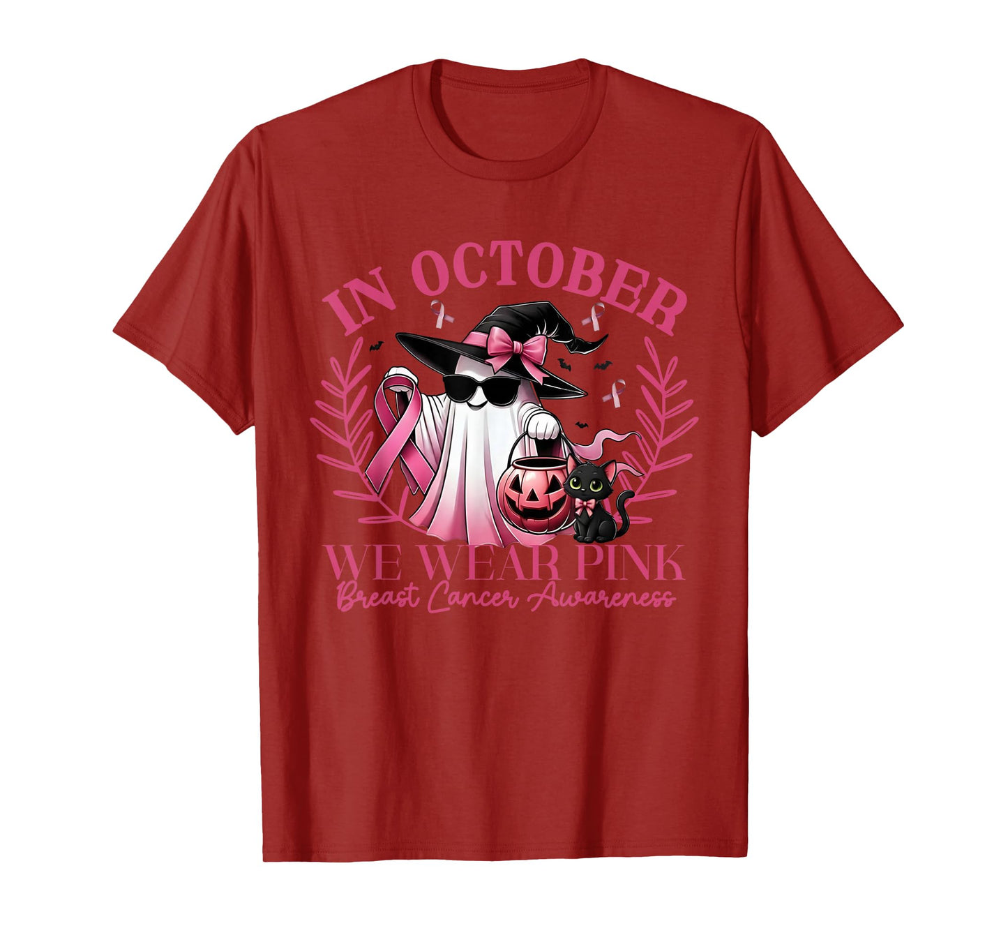 in October We Wear Pink Breast Cancer Awareness Ghost Cat T-Shirt