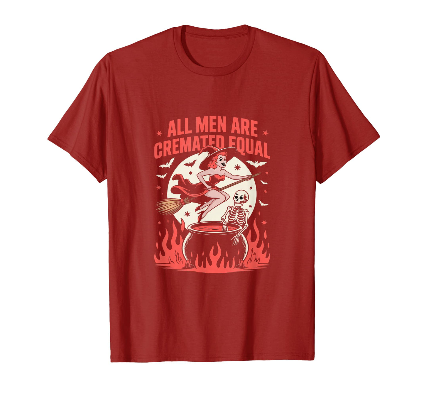 Vintage Halloween Witch Skeleton Retro Moon Bats Flames T-Shirt