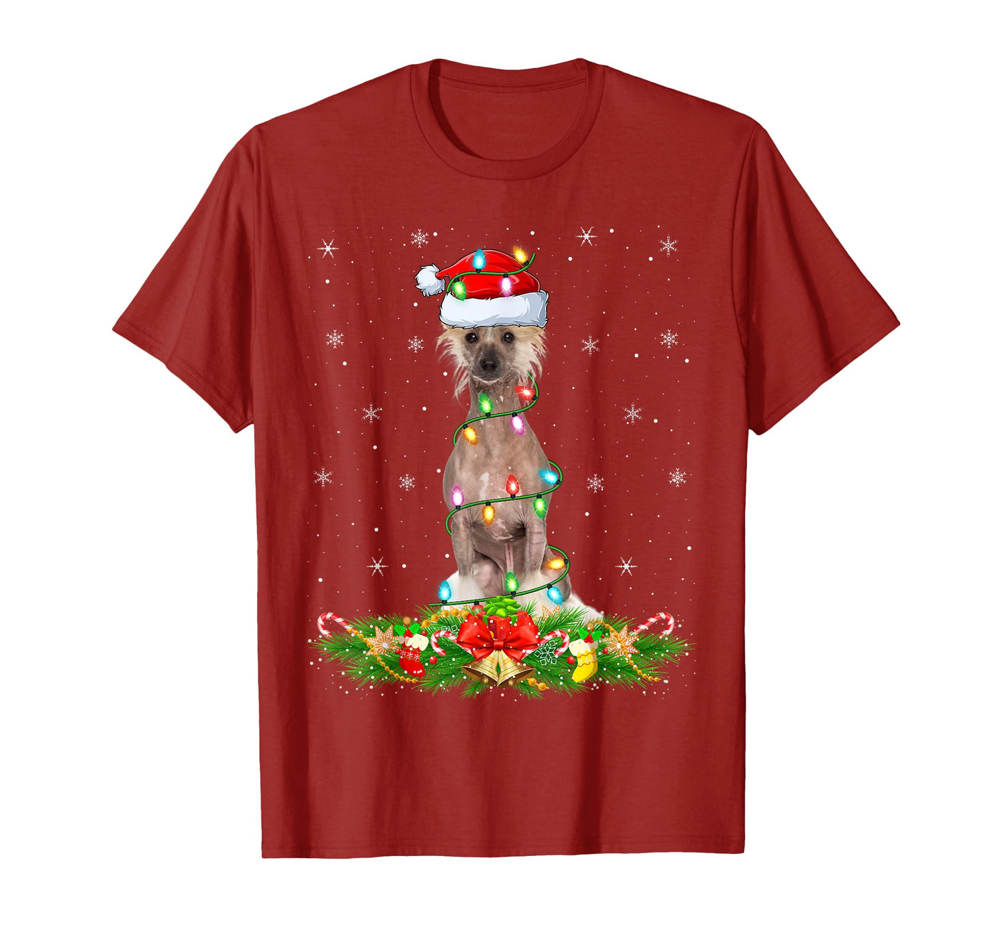 Chinese Crested Dog Christmas Lights Funny Santa Hat Xmas T-Shirt
