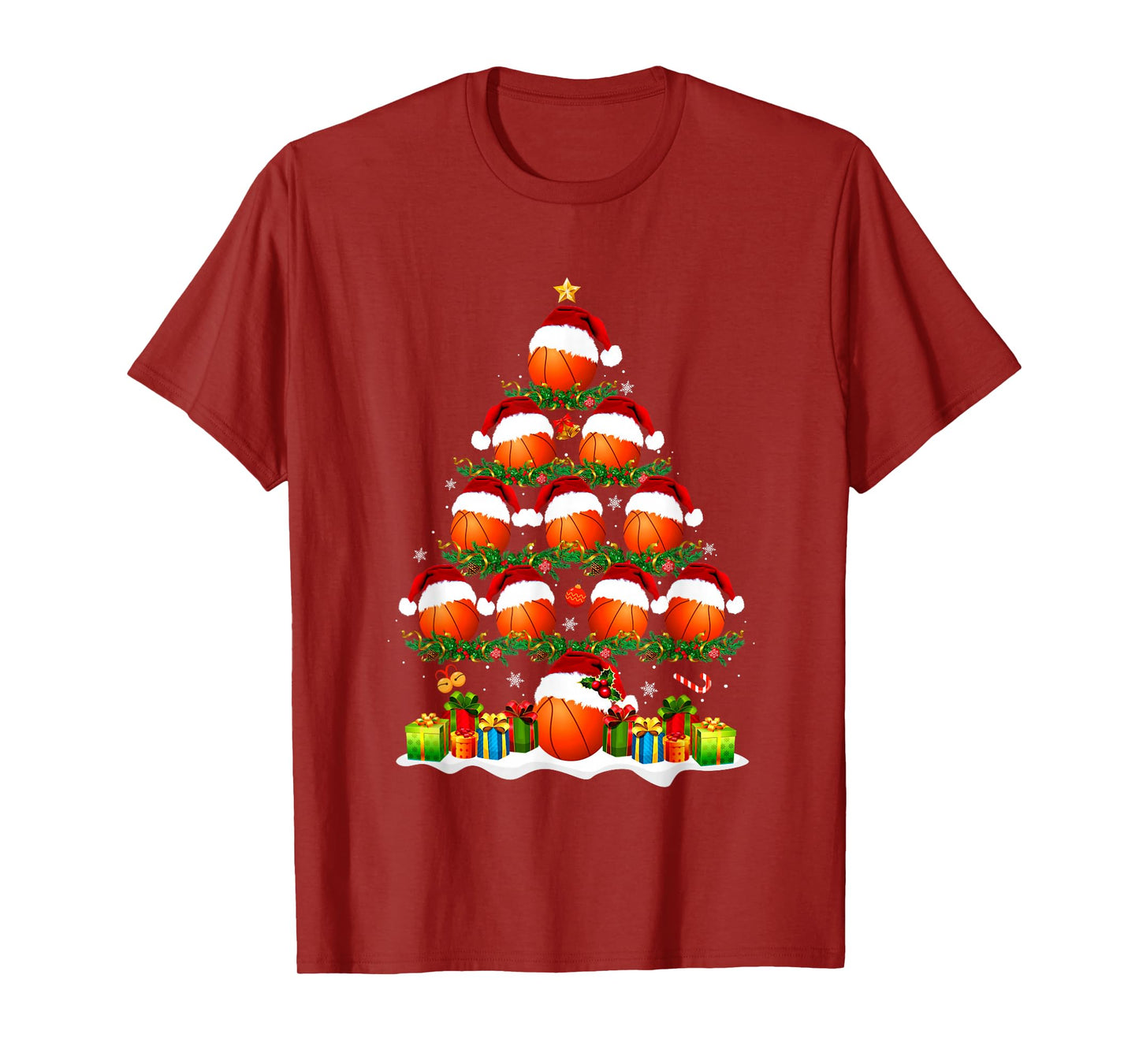 Basketball Christmas Tree Lights Funny Xmas Men Boys Kids T-Shirt