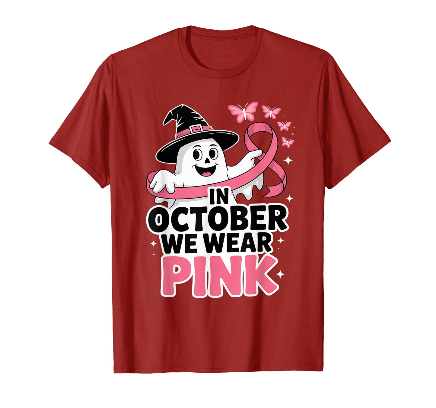 in October We Wear Pink Ghost Witch Breast Cancer Awareness T-Shirt