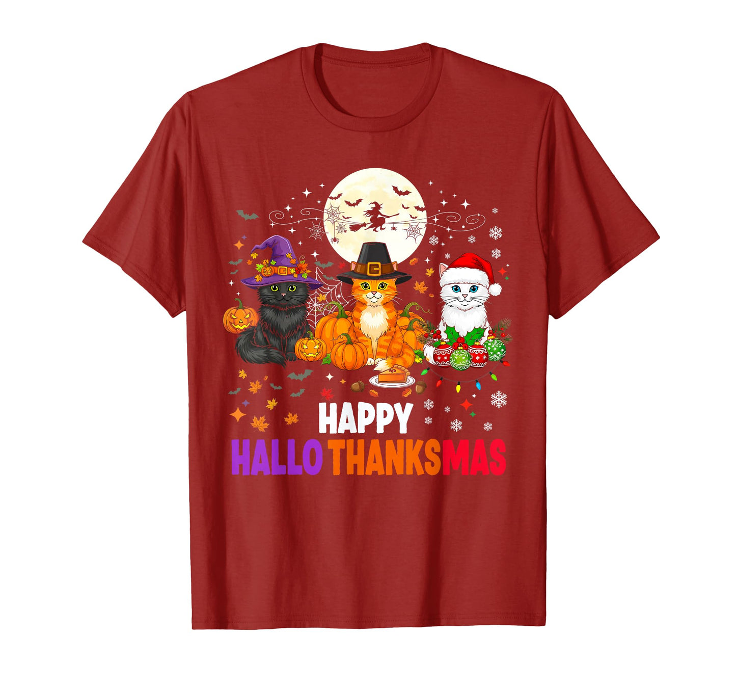 Happy HalloThanksMas Cats 2025 Funny Halloween Thanksgiving T-Shirt