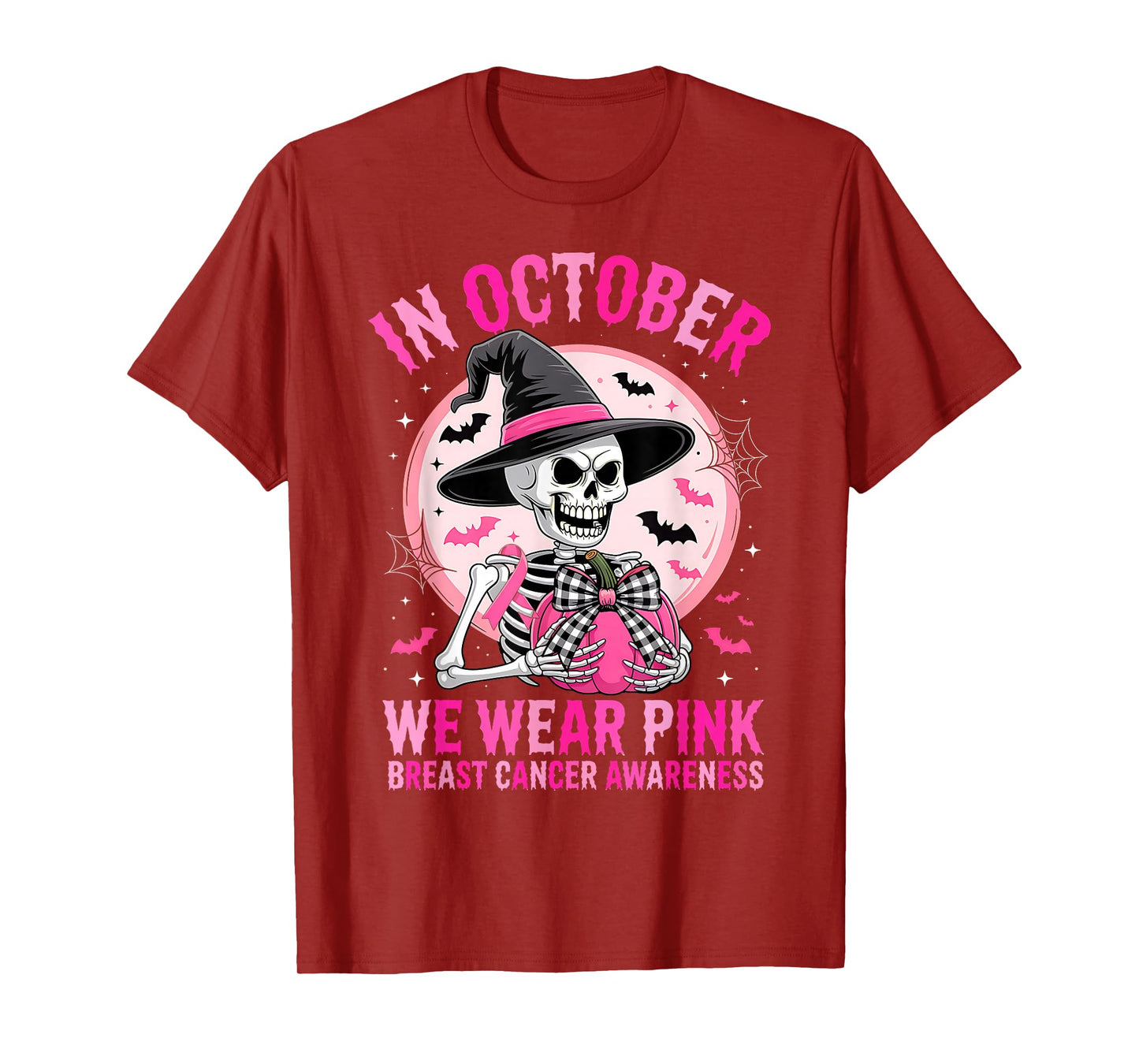 Halloween Breast Cancer Awareness Spooky Skeleton Witch T-Shirt