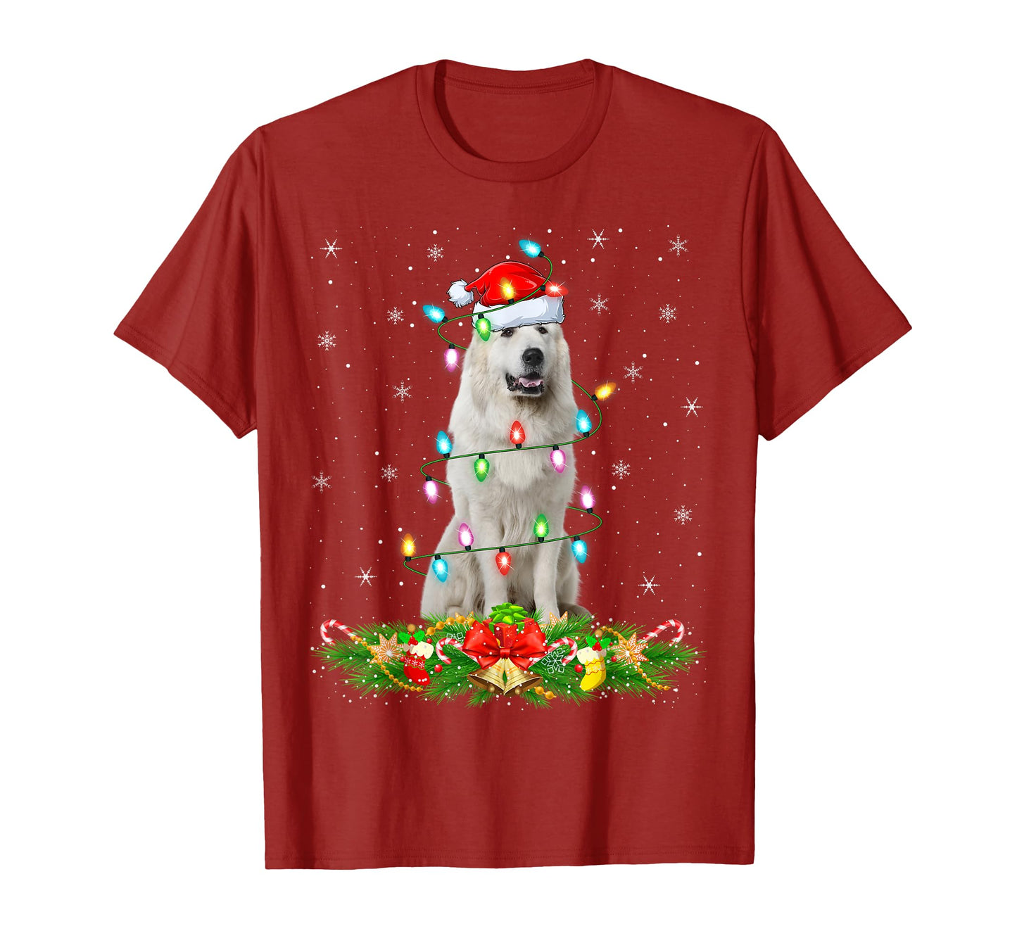 Great Pyrenees Dog Christmas Lights Funny Santa Hat Xmas T-Shirt