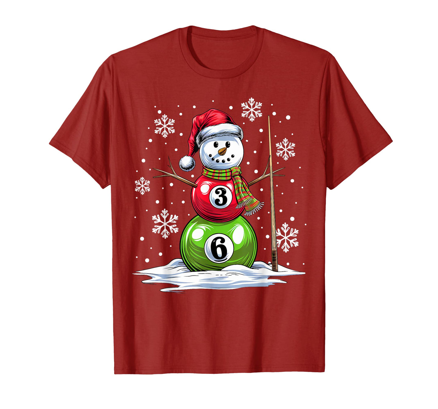 Pool Game Balls Snowman Billiards Player Funny Christmas T-Shirt