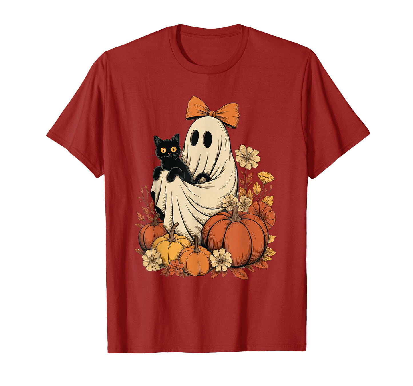 Vintage Halloween Ghost Holding Black Cat Groovy Floral T-Shirt