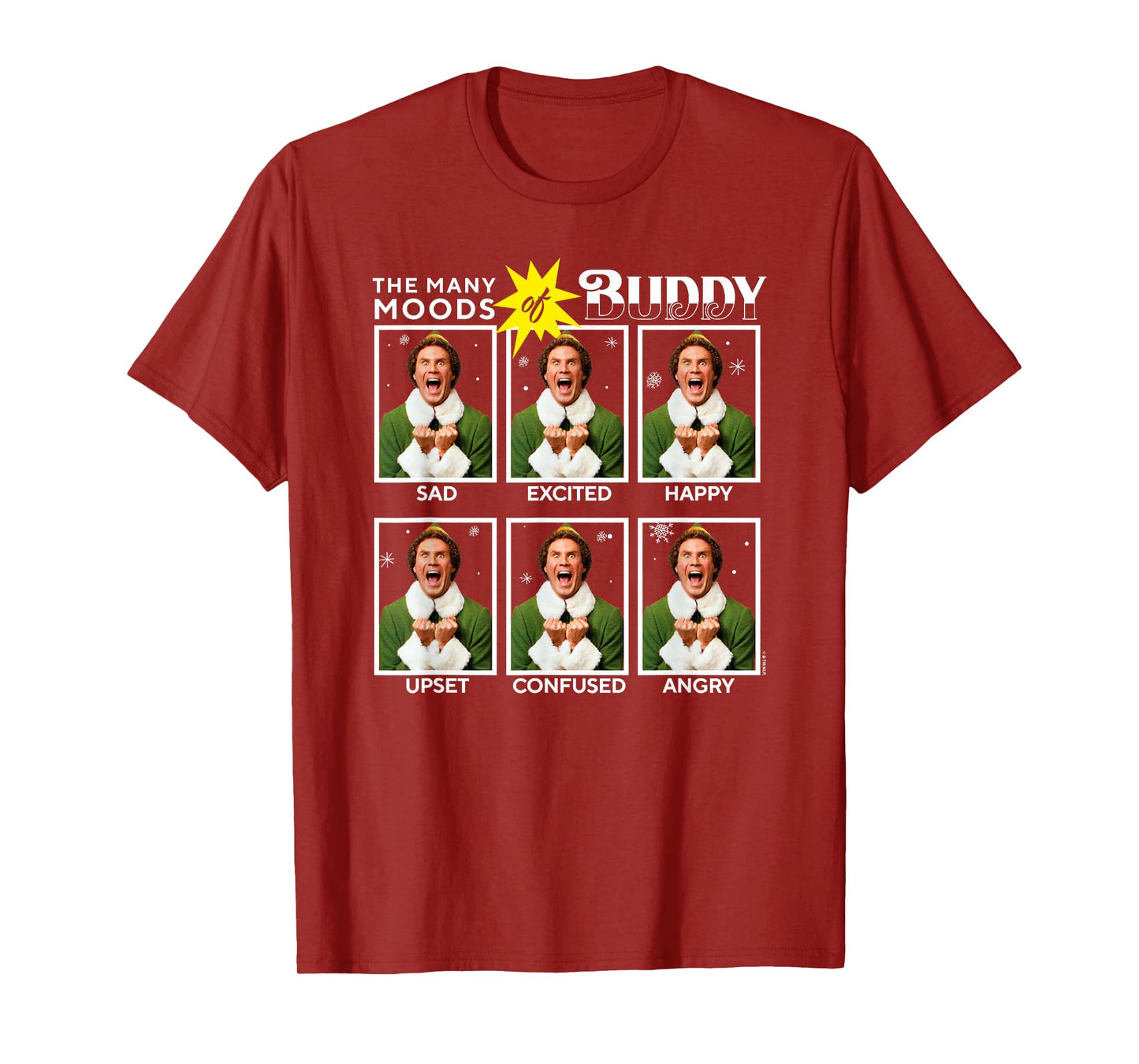 Elf Christmas The Many Moods of Buddy Funny Emotions Chart T-Shirt