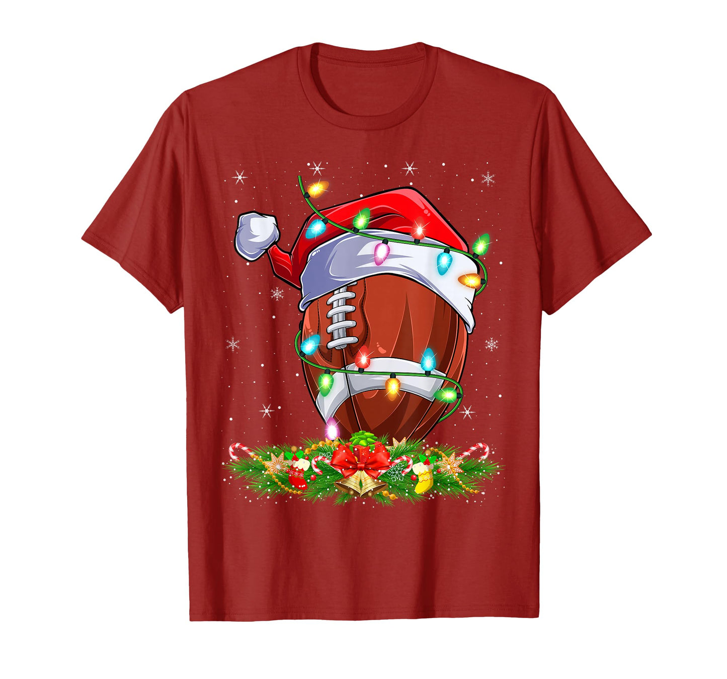 Football Christmas Lights Funny Santa Hat Football Xmas T-Shirt