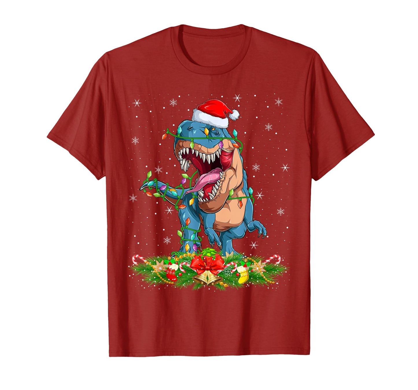 Dinosaur T-Rex Christmas Lights Funny Santa Hat Xmas T-Shirt