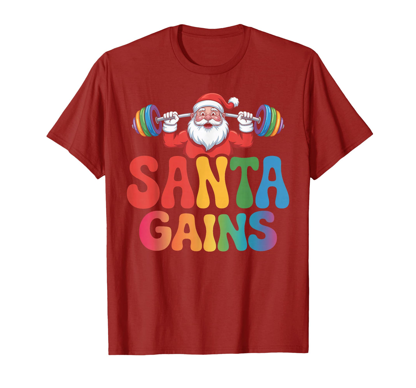 Santa Gains Festive Barbell Lifting Holiday Cheer Slogan T-Shirt
