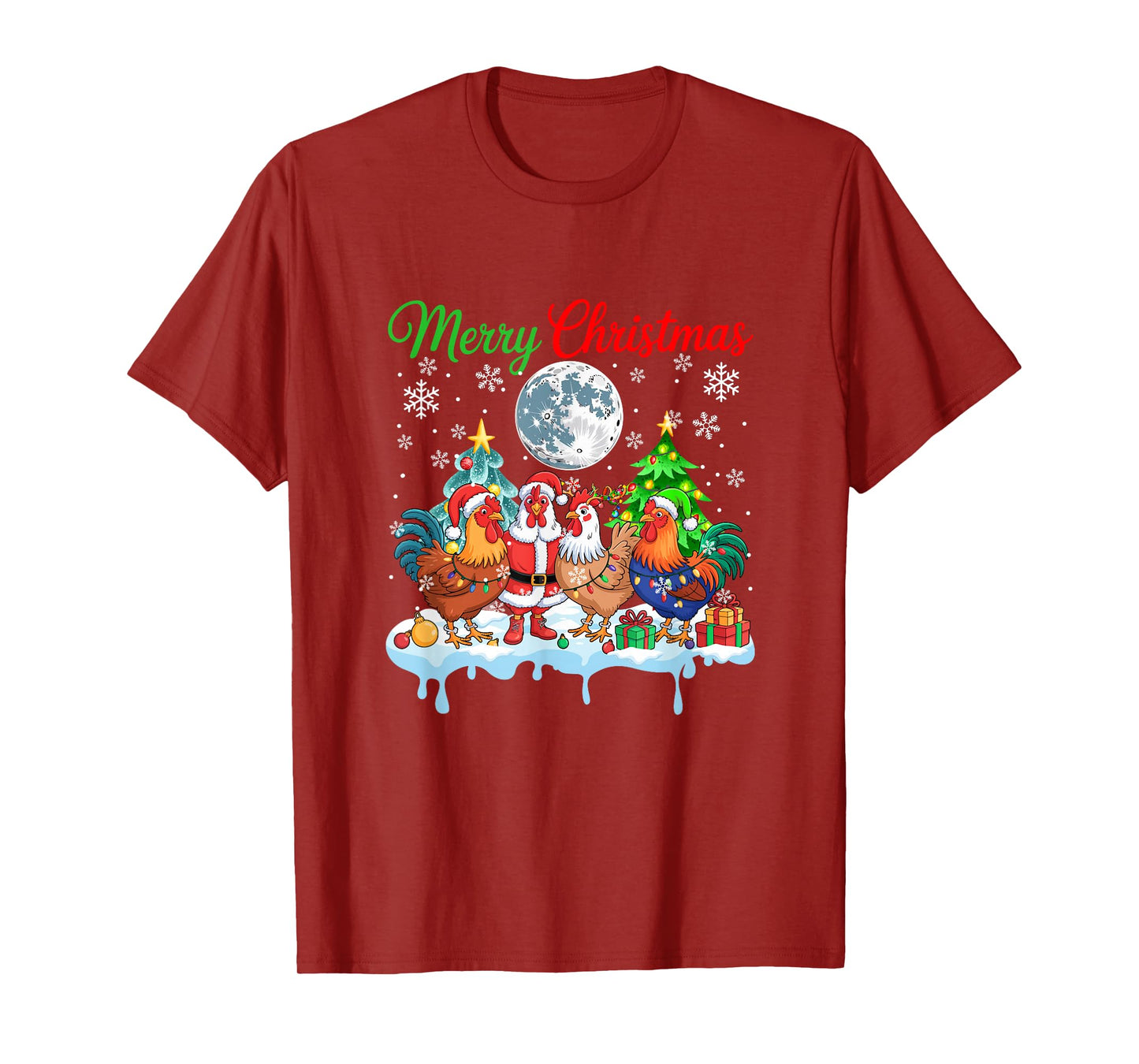 Merry Christmas Snow Group Santa Elf Reindeer Chickens Farm T-Shirt