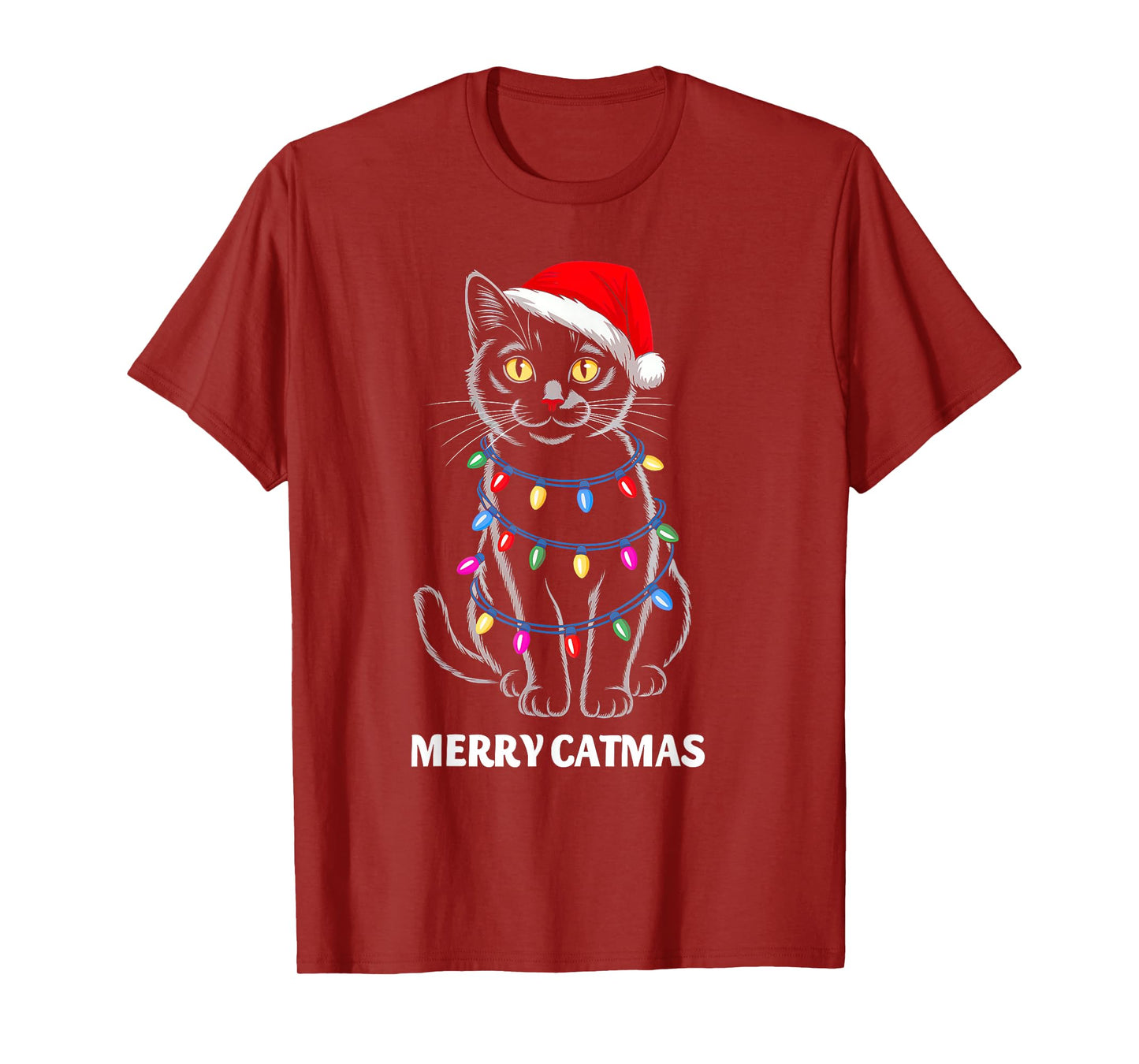 Merry Catmas Christmas Lights Black Cat Santa Xmas Pajamas T-Shirt