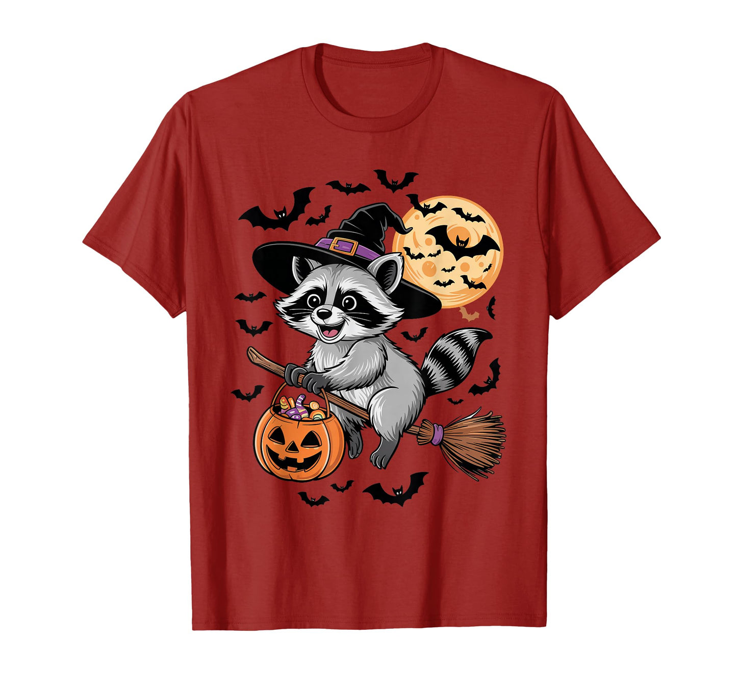 Cute Raccoon Halloween Witch Hat Jack-o-Lantern Candy Bucket T-Shirt
