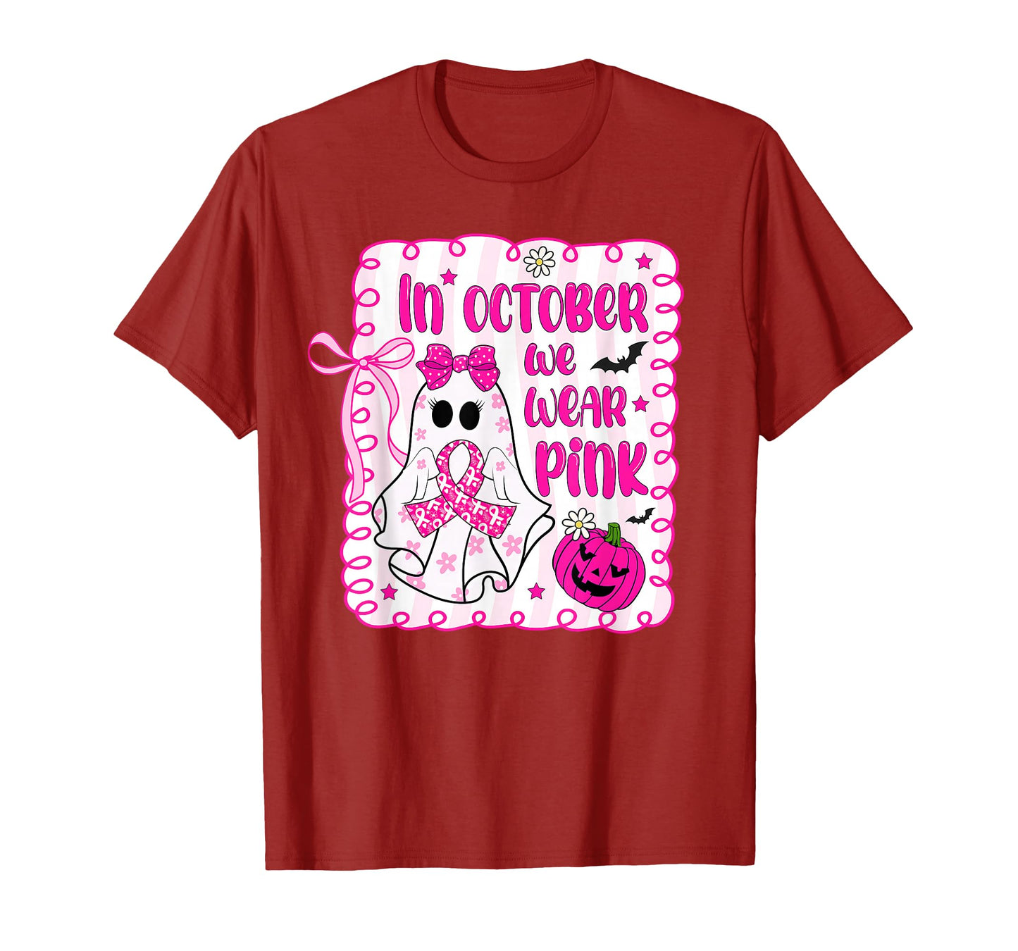 in October We Wear Pink Ghost Witch Breast Cancer Awareness T-Shirt