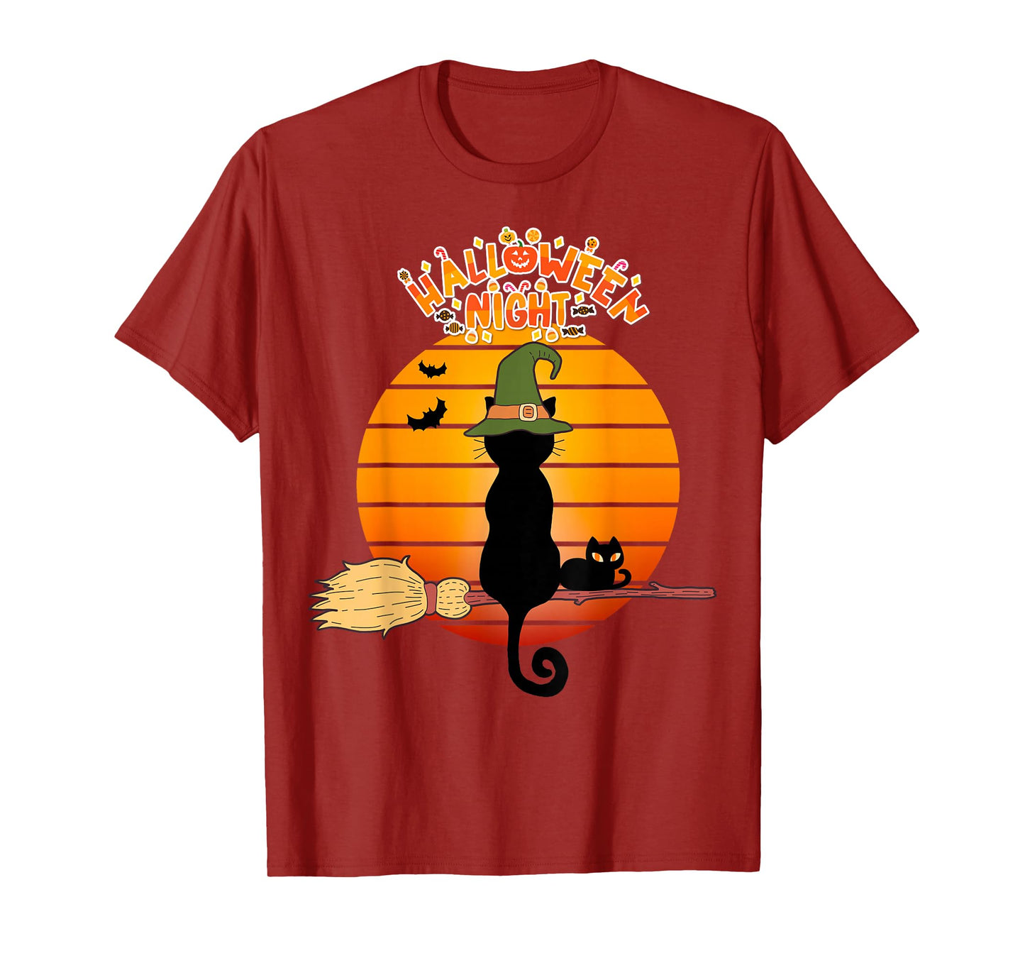 Vintage Halloween Scary Black Cat Witch Hat Moon Witchy T-Shirt