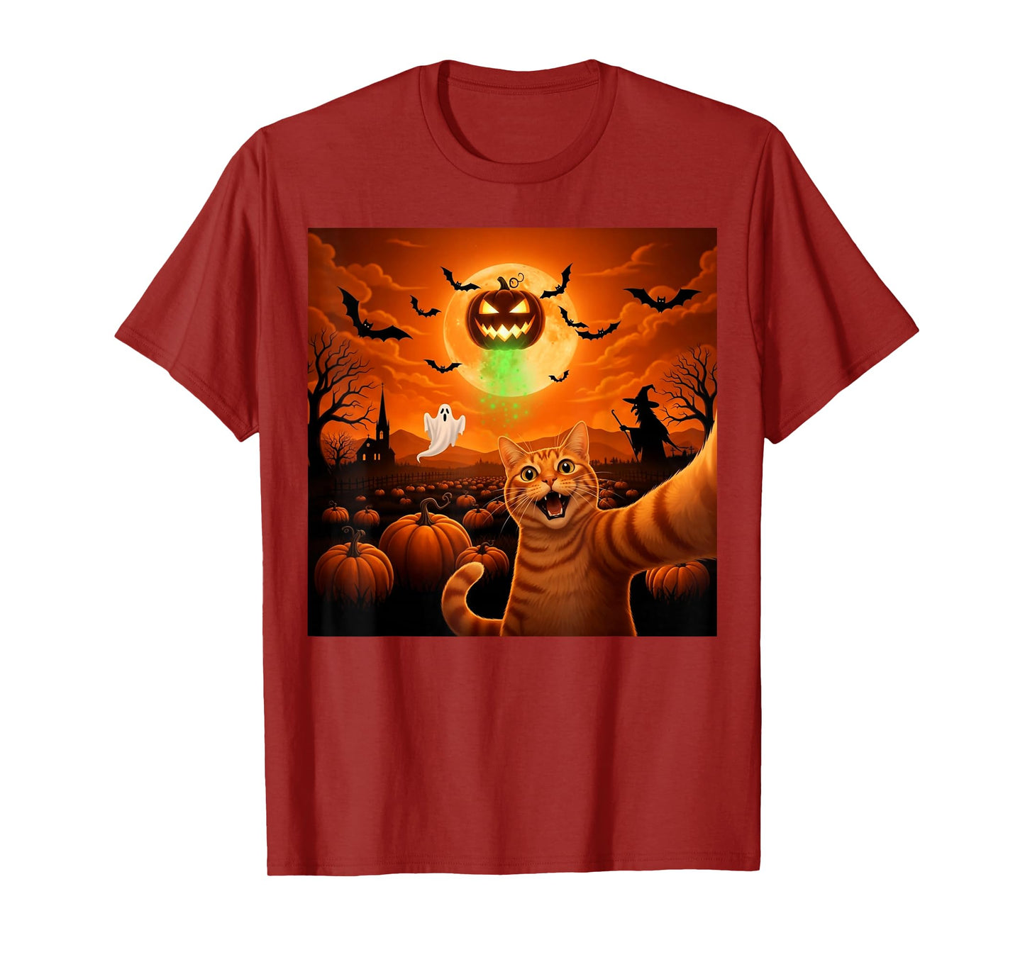 Halloween Cat Selfie Pumpkin Moon Scene T-Shirt