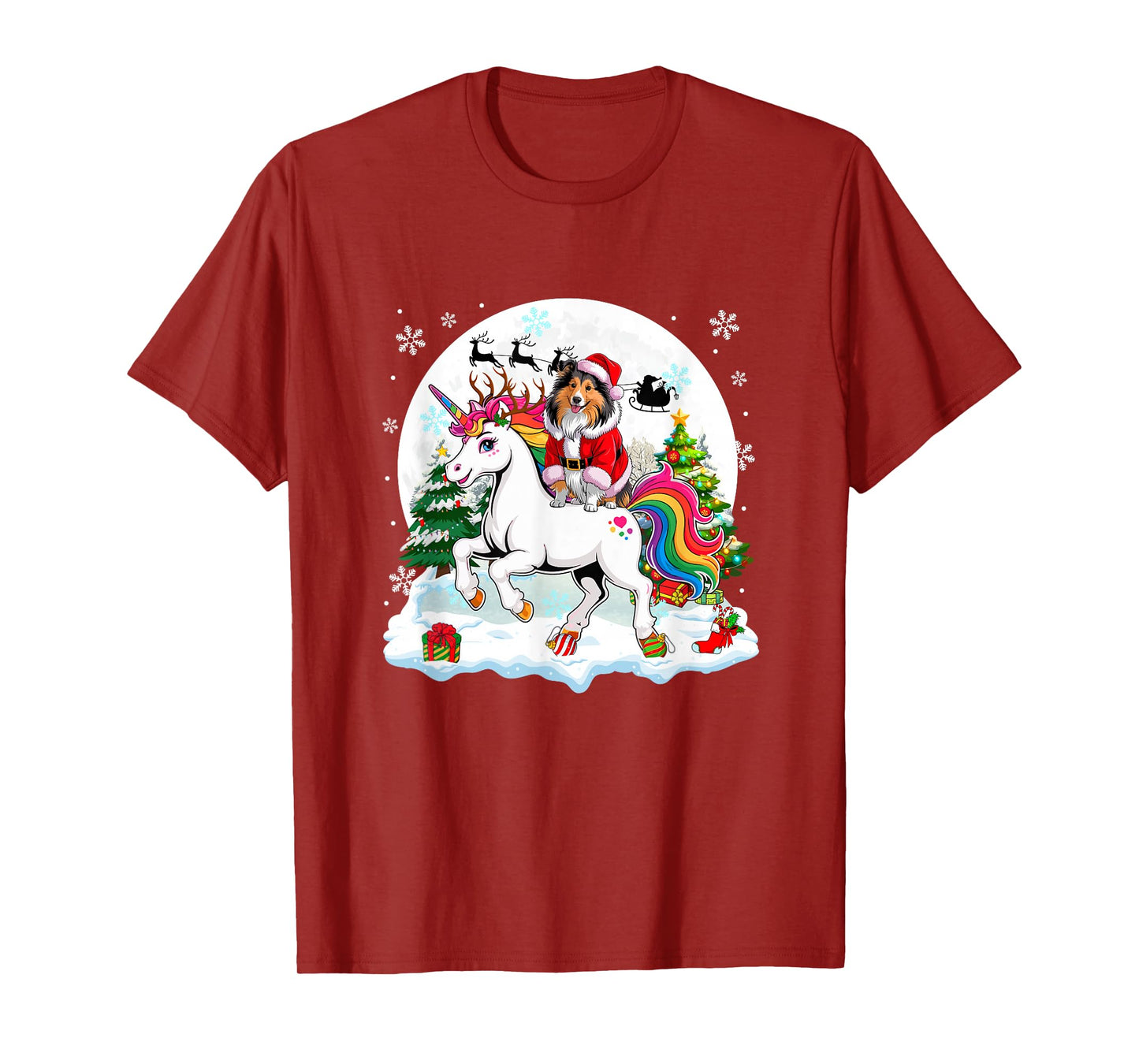 Santa Sheltie Riding Unicorn Reindeer Christmas Owner Kids T-Shirt