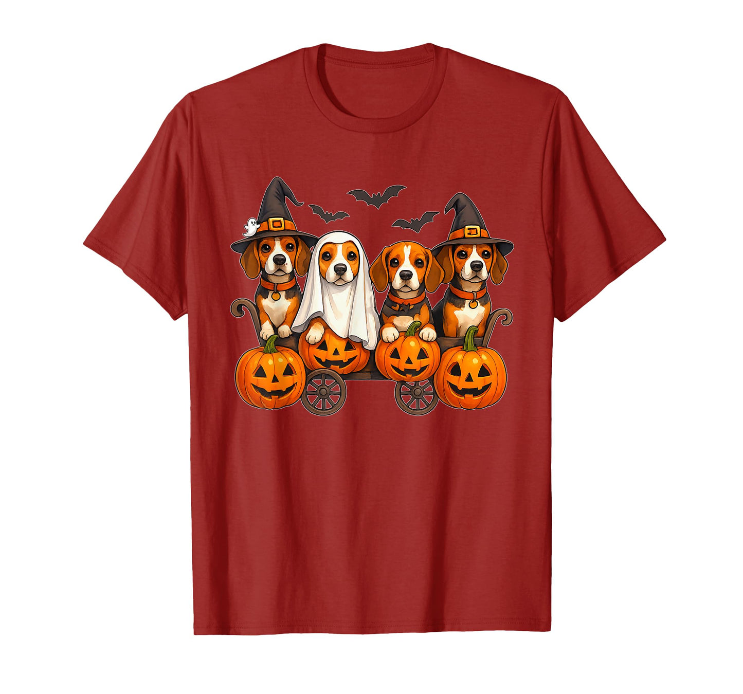 Halloween Beagle Dogs Ghost Witch Pumpkins Wooden Wagon Cute T-Shirt