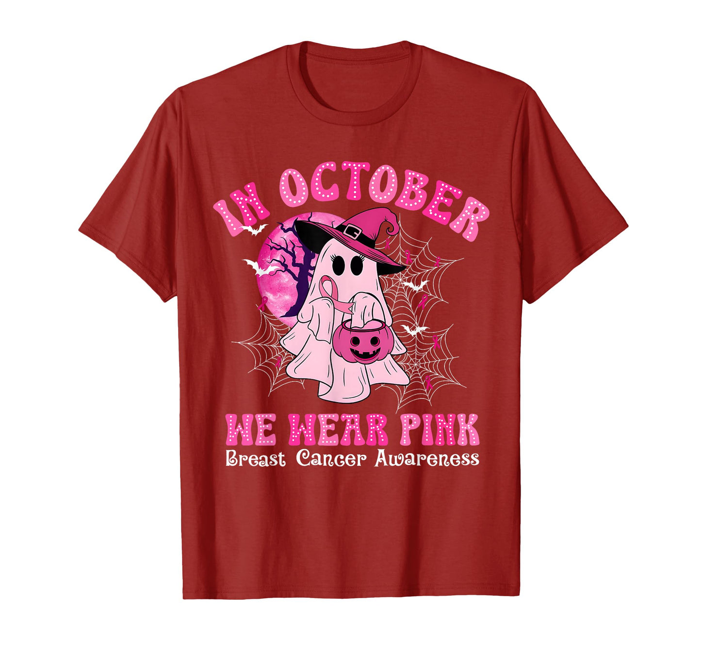 in October We Wear Pink Ghost Witch Breast Cancer Awareness T-Shirt