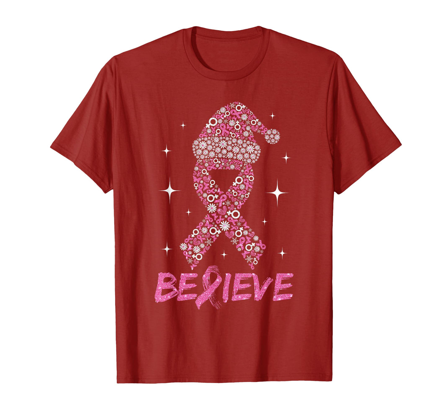 Believe Pink Ribbon with Santa Hat Christmas Breast Cancer T-Shirt