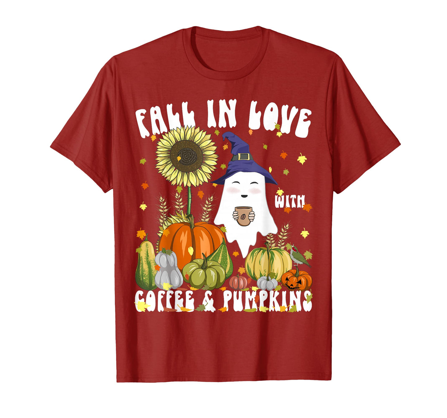 Fall in Love with Coffee & Pumpkins Witch Ghost Halloween T-Shirt