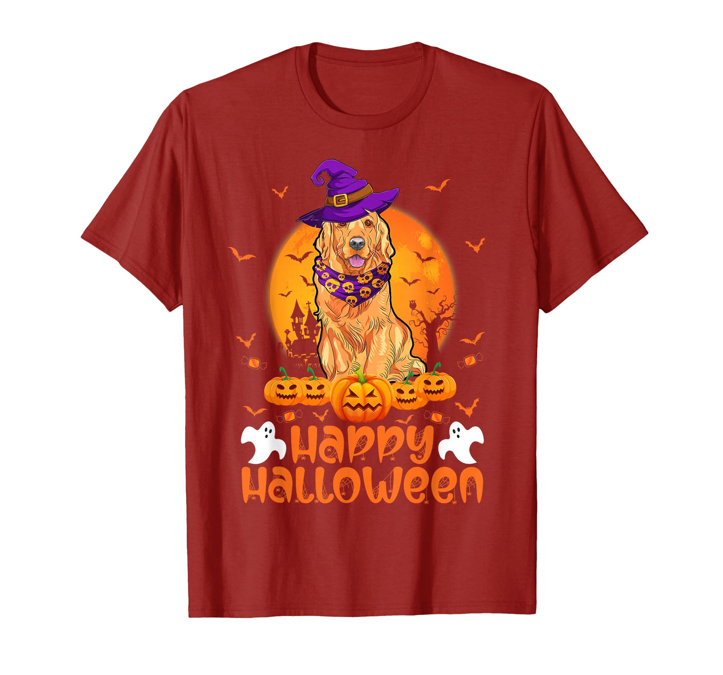 Vintage Pumpkin Golden Retriever Witch Lucy Dog Halloween T-Shirt