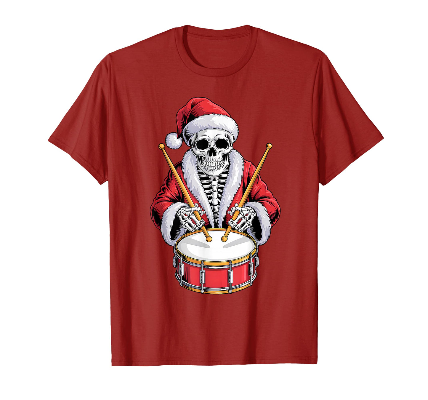 Santa Skeleton Playing Drum Percussionist Drummer Christmas T-Shirt