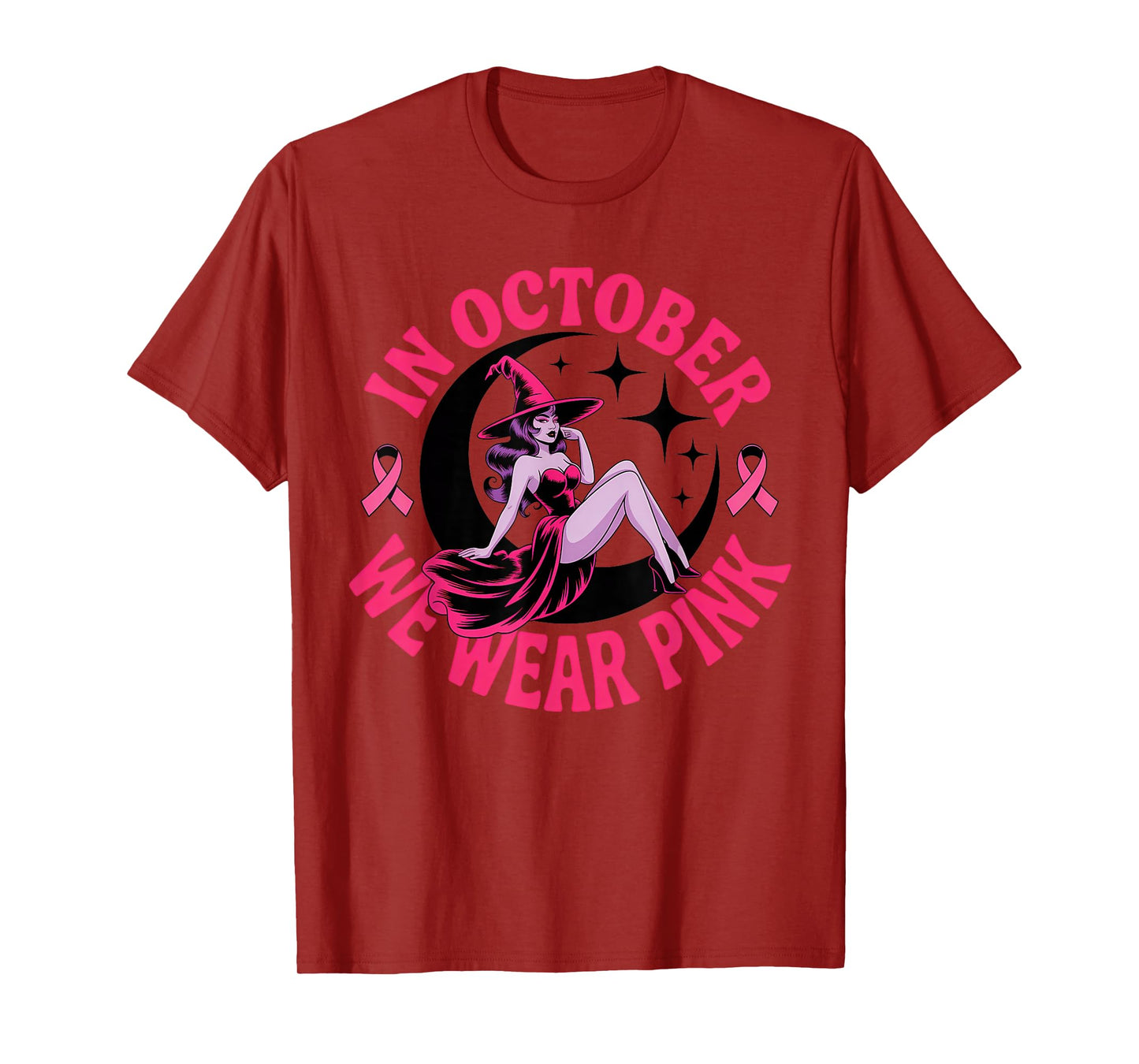 in October We Wear Pink Witch Breast Cancer Awareness Women T-Shirt