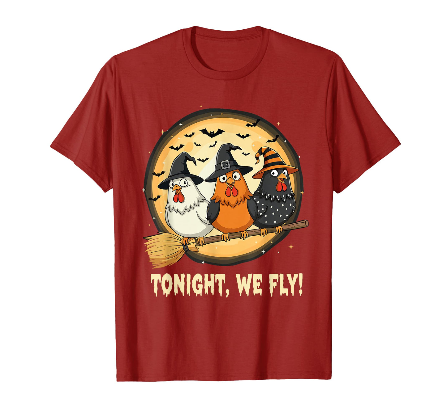 Halloween Witch Chickens Broomstick Funny Spooky Moon Tee T-Shirt