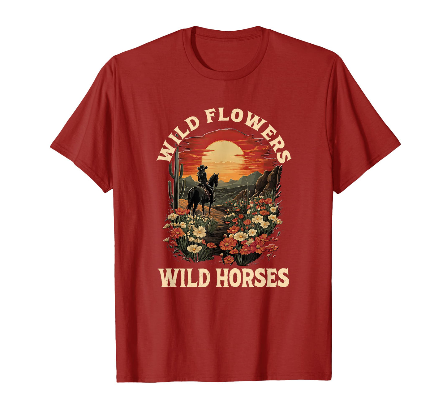 western sunset cowgirl riding horse wild flowers wild horses T-Shirt
