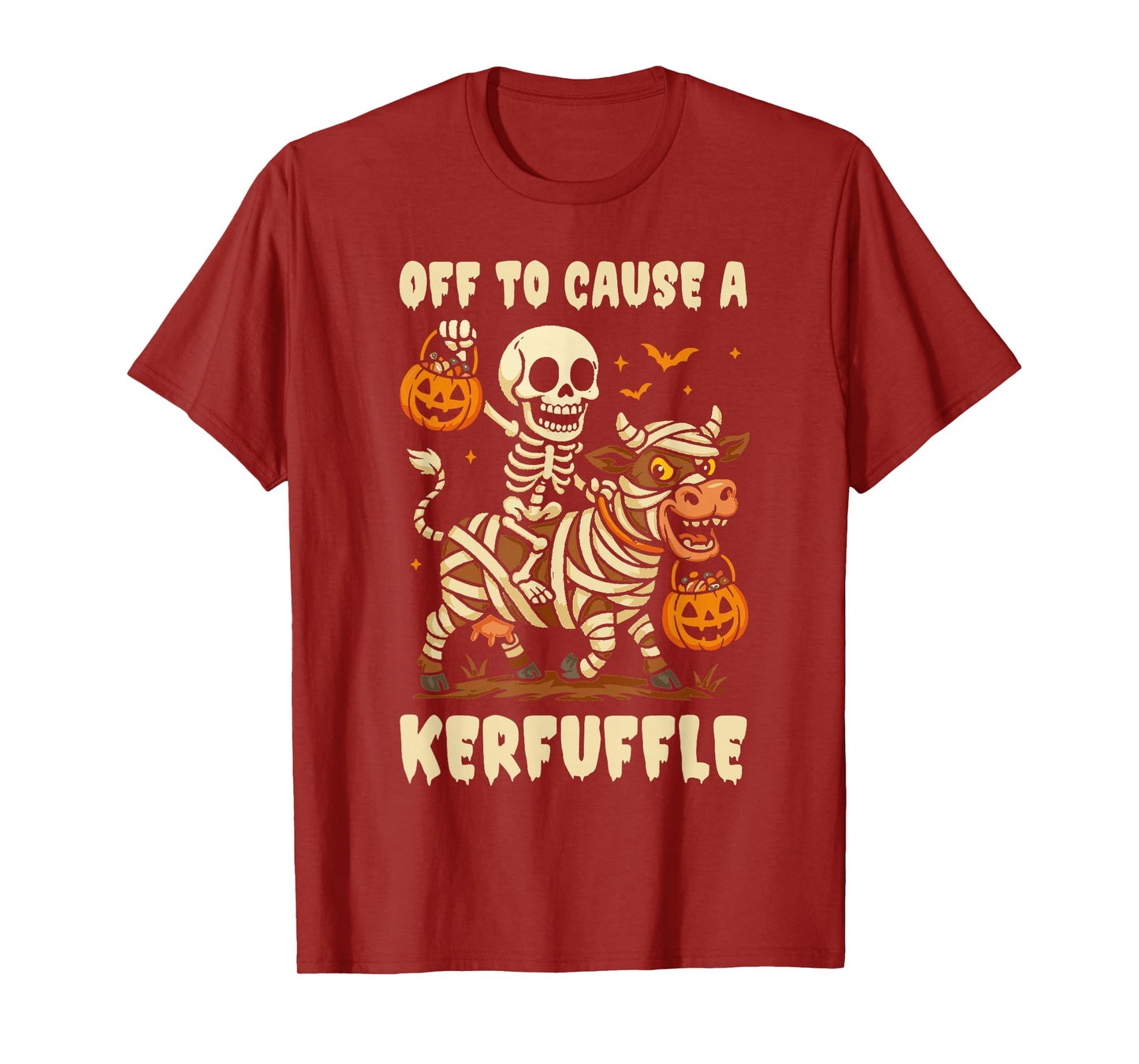 Off to Cause A Kerfuffle Funny Skeleton Riding Cow Halloween T-Shirt