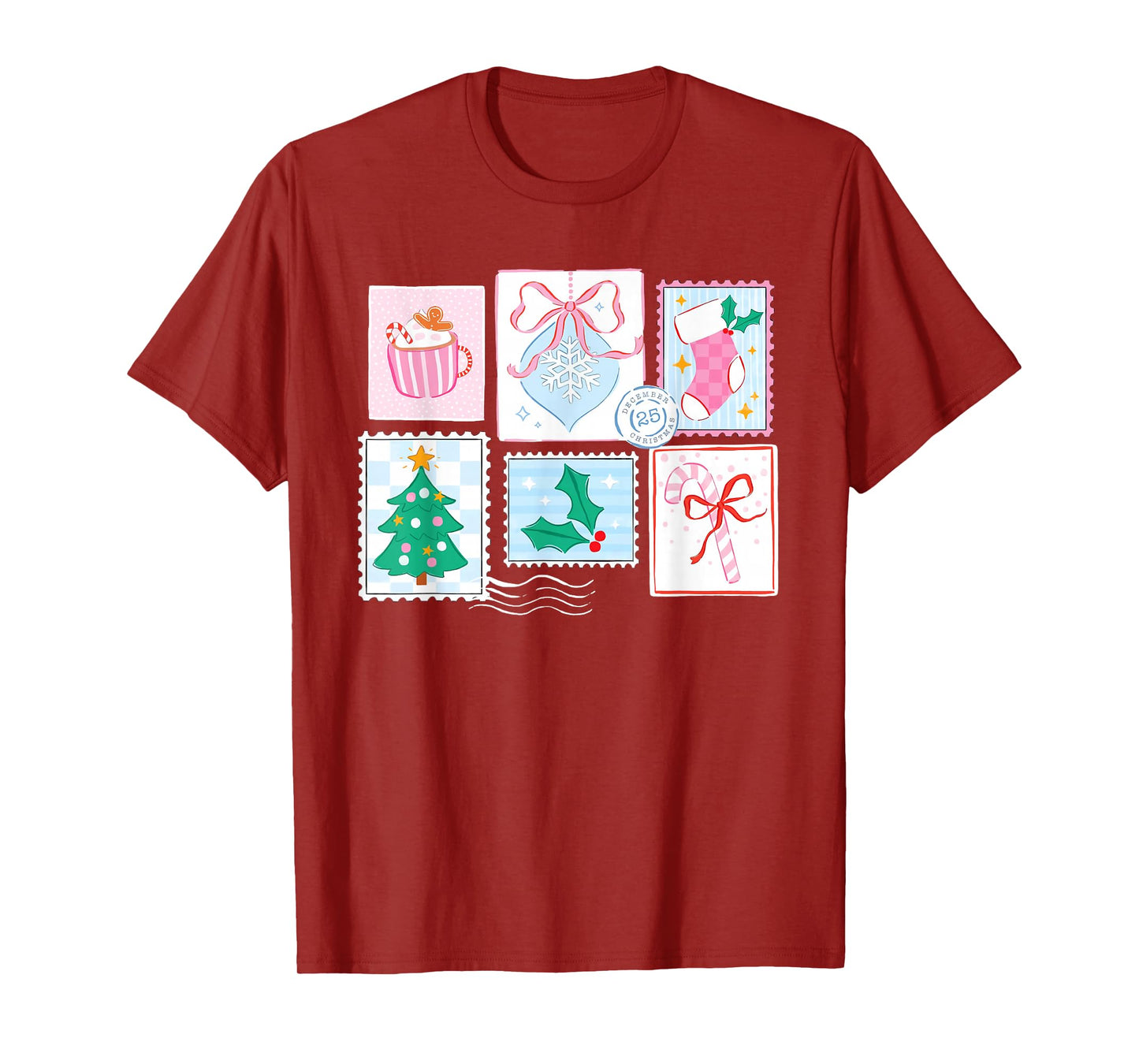 Preppy Pink Coquette Girly Vintage Christmas Stamp Santa T-Shirt