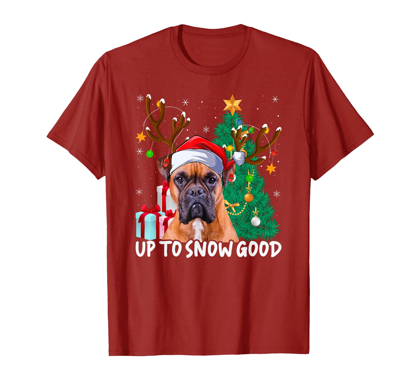 Boxer Dog Christmas Tree Lights Reindeer Santa Hat Xmas T-Shirt