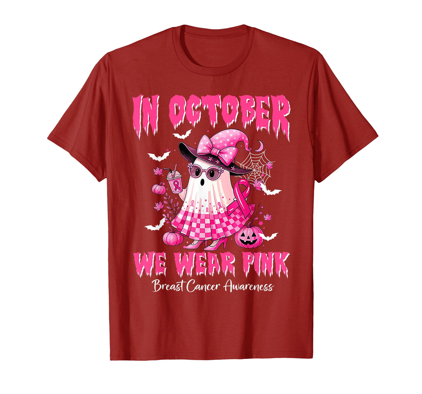 in October We Wear Pink Ghost Witch Breast Cancer Awareness T-Shirt