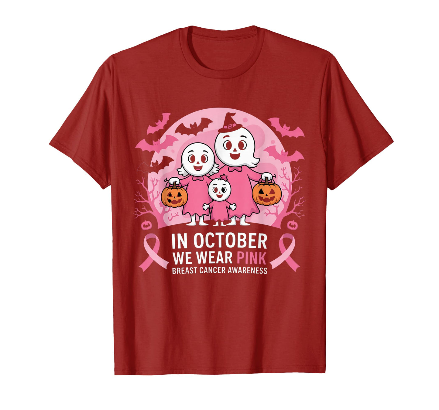 in October We Wear Pink Ghost Witch Breast Cancer Awareness T-Shirt