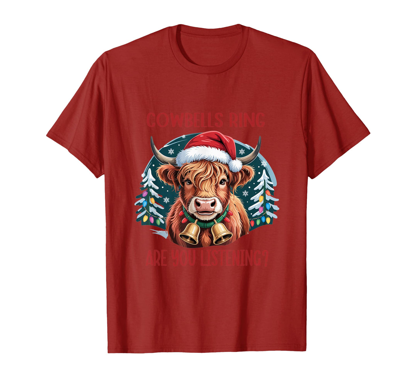 Cute Highland Cow Bells Funny Christmas Cows Lover Santa Hat T-Shirt
